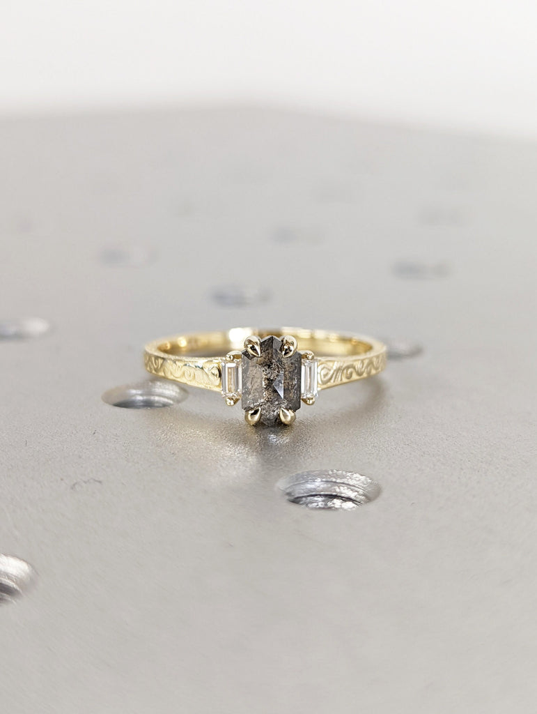 Raw Salt and Pepper Hexagon Baguette Diamond Rose /White /Yellow Gold Engagement Ring Art Deco 1920's Inspired 14k Unique Ring for Her