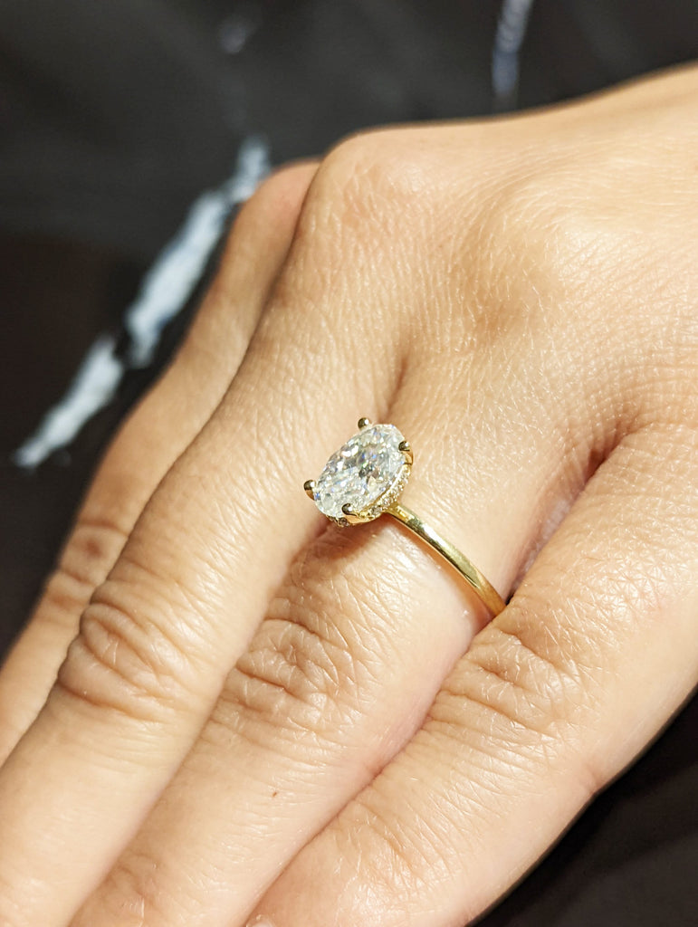 1.5 ct. Hidden halo engagement ring, solitaire oval moissanite ring, Hidden Halo 6x8mm Oval Cut Solitaire Engagement Ring in 14K White gold.