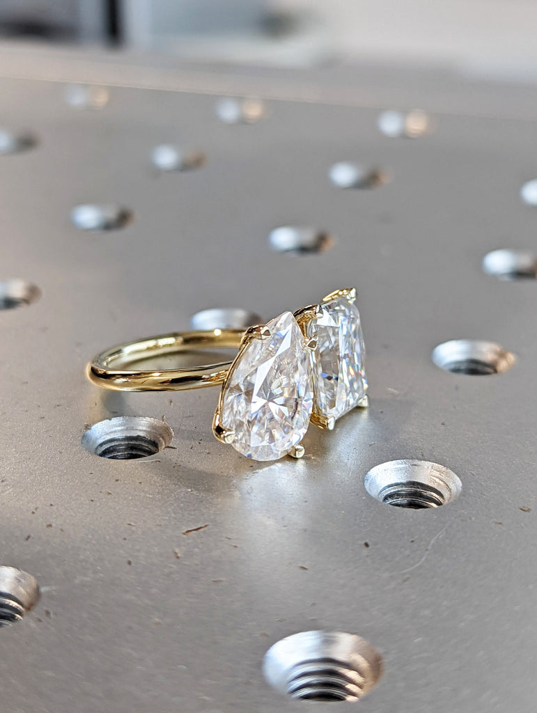 3 Carat Double Stone Engagement Ring Pear Cut and Radiant Cut Moissanite Two Stone Wedding Ring 14K White Yellow Rose Gold