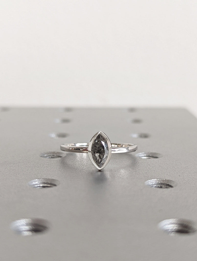 1920's Raw Salt and Pepper Diamond, Rose Cut Marquise Diamond Ring, Unique Engagement, Black, Gray Marquise, 14k Yellow, Rose, or White Gold