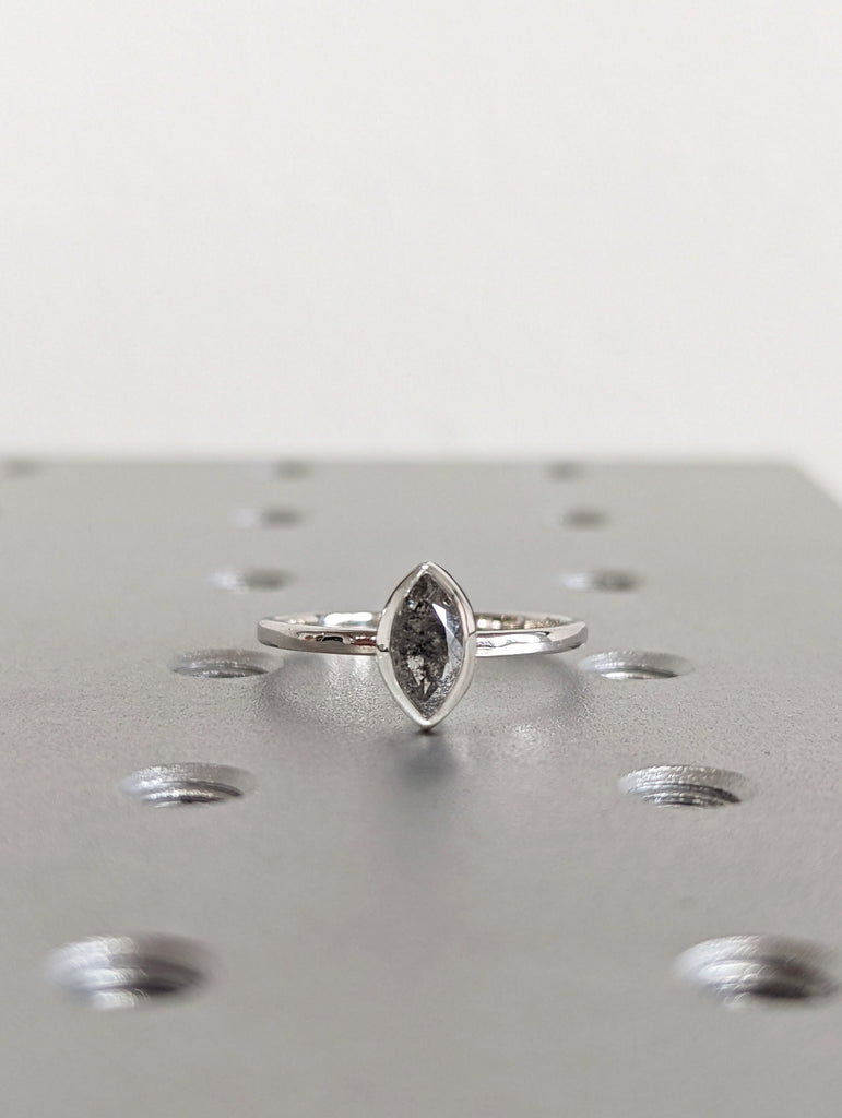 1920's Raw Salt and Pepper Diamond, Rose Cut Marquise Diamond Ring, Unique Engagement, Black, Gray Marquise, 14k Yellow, Rose, or White Gold