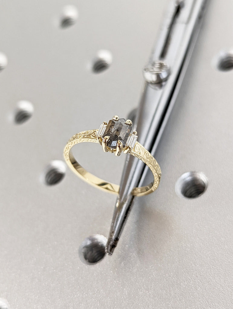 Raw Salt and Pepper Hexagon Baguette Diamond Rose /White /Yellow Gold Engagement Ring Art Deco 1920's Inspired 14k Unique Ring for Her