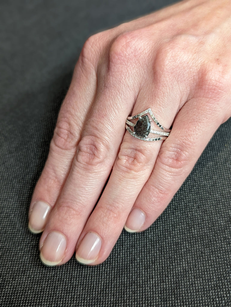 1.5 Carat 1920's Raw Salt and Pepper Diamond, Pear Diamond Ring, Unique Engagement Bridal Set, Black, Gray Pear, 14k Yellow, Rose White Gold