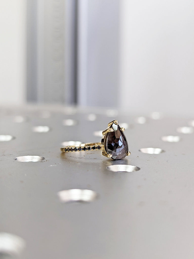 1.75 Carat 1920's Raw Salt and Pepper Diamond, Pear Diamond Ring, Unique Engagement Bridal , Black, Gray Pear 14k Yellow, Rose White Gold