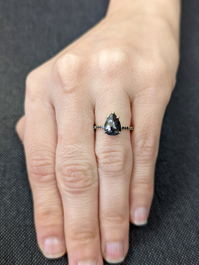 1.75 Carat 1920's Raw Salt and Pepper Diamond, Pear Diamond Ring, Unique Engagement Bridal , Black, Gray Pear 14k Yellow, Rose White Gold