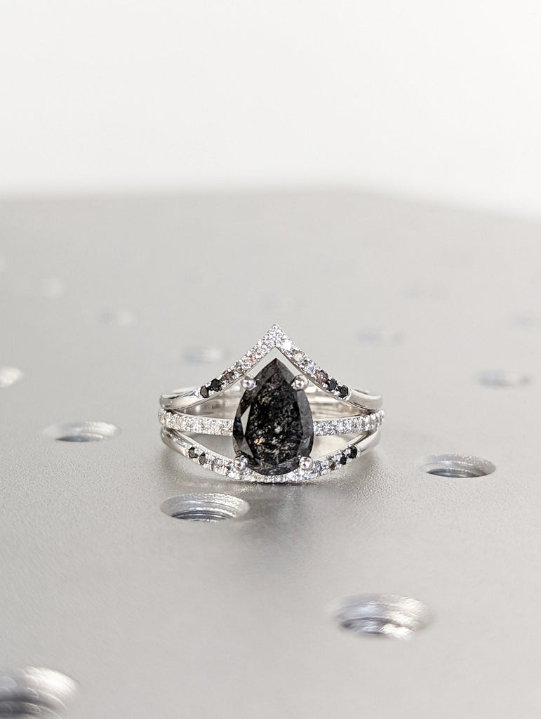 1.5 Carat 1920's Raw Salt and Pepper Diamond, Pear Diamond Ring, Unique Engagement Bridal Set, Black, Gray Pear, 14k Yellow, Rose White Gold