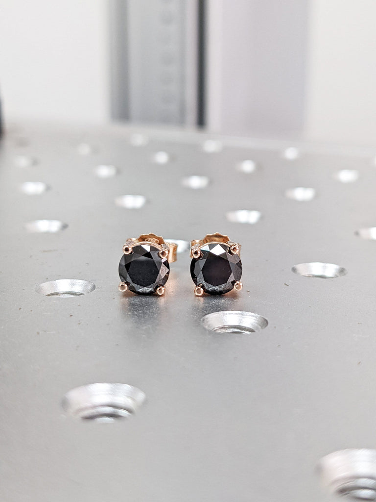 Black Diamond Stud Earrings, Black Diamond Earrings, 14k Gold Stud Earrings, Unique Minimal Natural Diamond Studs