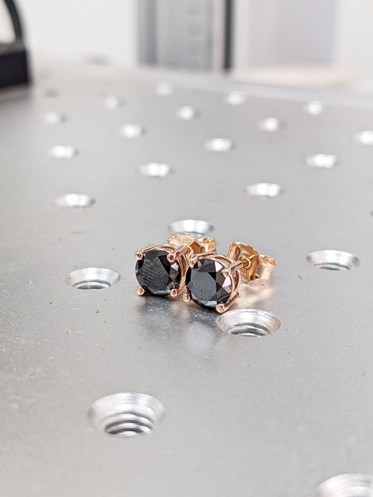 Black Diamond Stud Earrings, Black Diamond Earrings, 14k Gold Stud Earrings, Unique Minimal Natural Diamond Studs