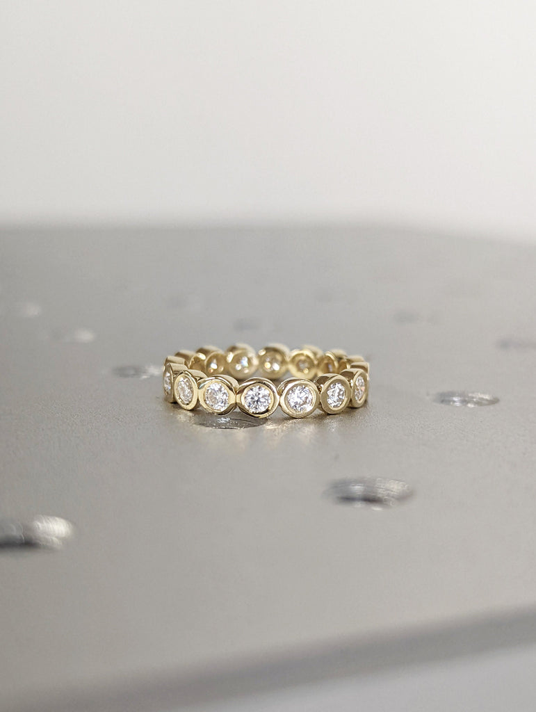 14K Solid Gold Diamond Moissanite Ring Bezel Set Ring, Diamond Eternity Ring, Stackable Eternity Wedding Band, 14k White, Rose, Yellow
