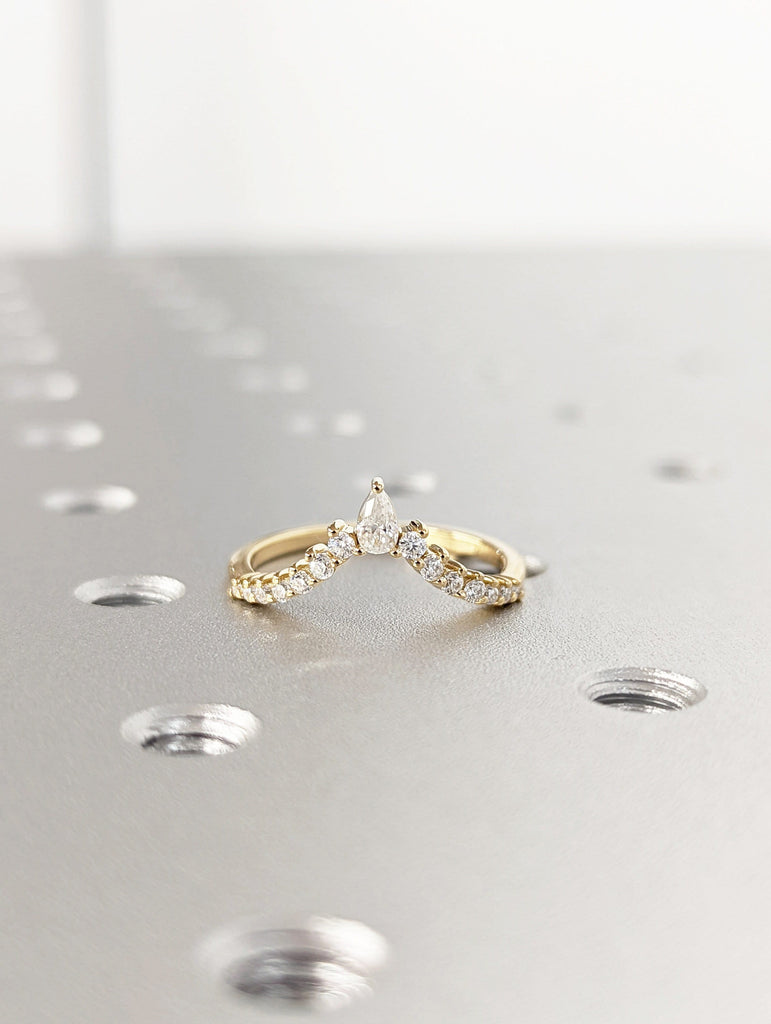 Pear shaped curved wedding band Yellow gold moissanite wedding band unique vintage diamond stacking matching wedding Bridal Gift for women