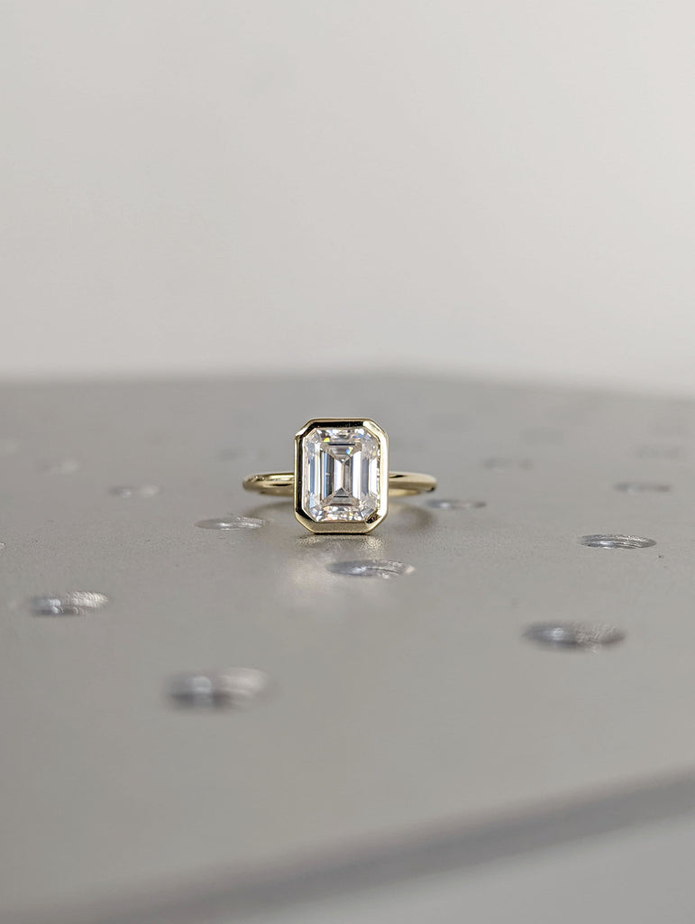 2CT Emerald Cut Moissanite Solitaire Ring, 14K Yellow Gold Engagement Ring, Bezel Setting, Statement Ring, Gift For Her, Bridal Set