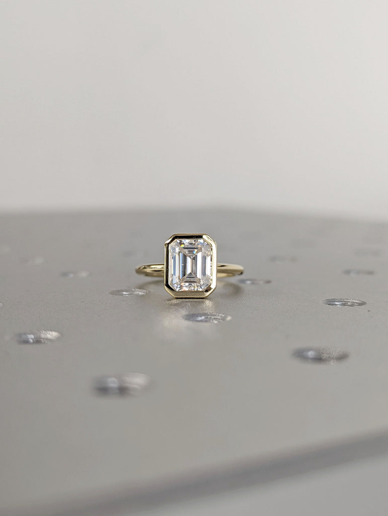 2CT Emerald Cut Lab Diamonds Solitaire Ring, 14K Yellow Gold Engagement Ring, Bezel Setting, Statement Ring, Gift For Her, Bridal Set