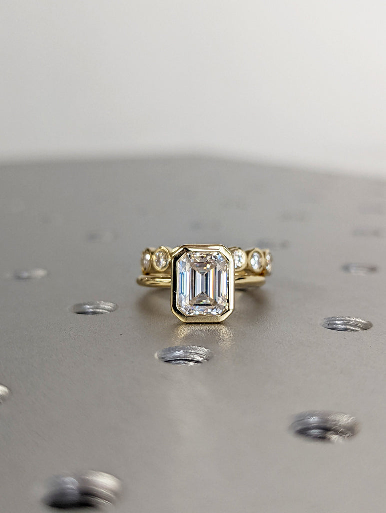 2CT Emerald Cut Lab Diamonds Solitaire Ring, 14K Yellow Gold Engagement Ring, Bezel Setting, Statement Ring, Gift For Her, Bridal Set