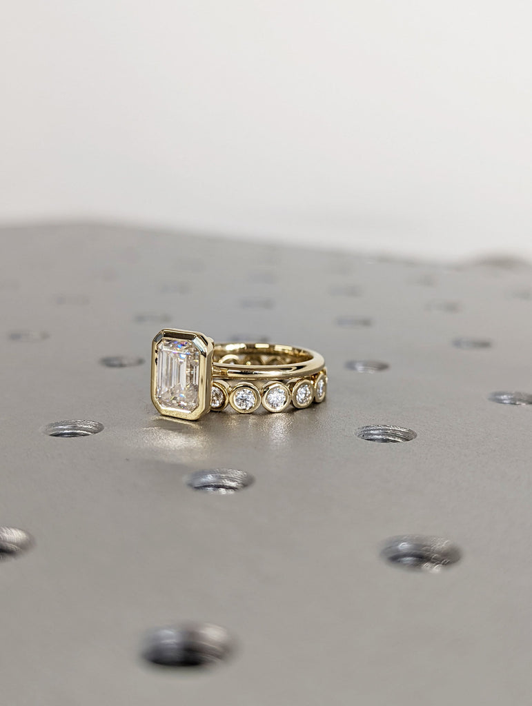 2CT Emerald Cut Moissanite Solitaire Ring, 14K Yellow Gold Engagement Ring, Bezel Setting, Statement Ring, Gift For Her, Bridal Set