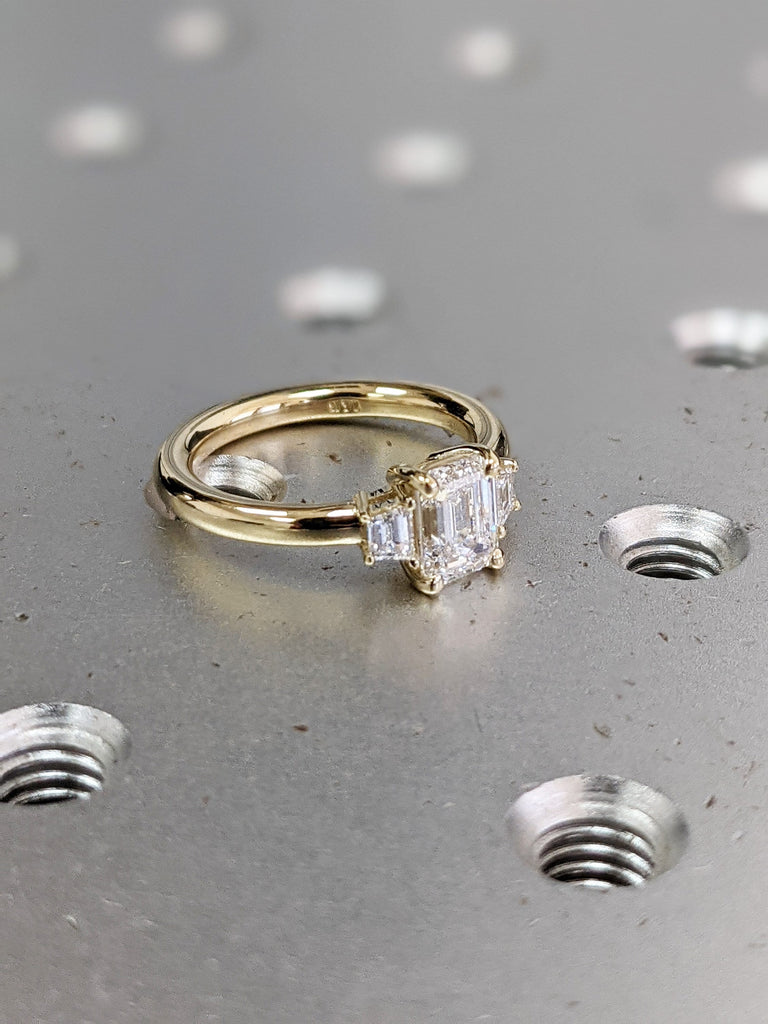 Three Stone Emerald Cut Lab Diamond Engagement Ring, Side Trapezoid Moissanite, Three Stone Engagement Ring, Emerald Cut and trapezoid Cut