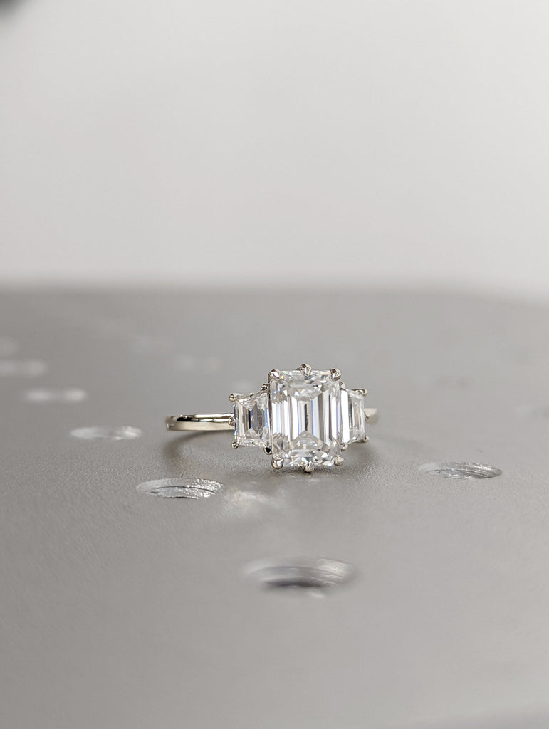 1.5CT Emerald Three Stone Moissanite Ring, 14K Rose Gold Engagement Ring, 3 Stone Side Trapazoid Ring, Anniversary Gift Ring For Her
