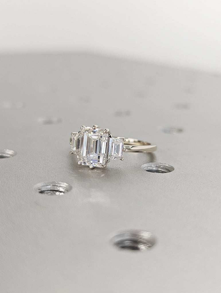 1.5CT Emerald Three Stone Moissanite Ring, 14K Rose Gold Engagement Ring, 3 Stone Side Trapazoid Ring, Anniversary Gift Ring For Her