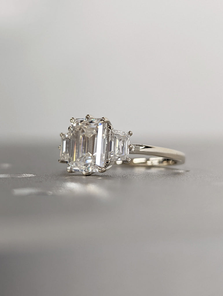 1.5CT Emerald Three Stone Moissanite Ring, 14K Rose Gold Engagement Ring, 3 Stone Side Trapazoid Ring, Anniversary Gift Ring For Her
