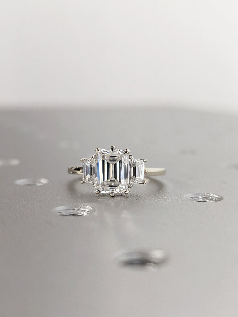 1.5CT Emerald Three Stone Moissanite Ring, 14K Rose Gold Engagement Ring, 3 Stone Side Trapazoid Ring, Anniversary Gift Ring For Her