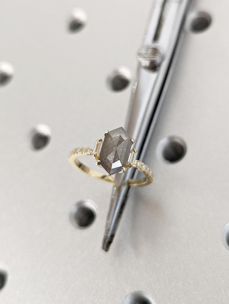 Raw Diamond Hexagon Baguette Diamond, Salt and Pepper, Unique Engagement Ring, Rose Cut Geometric Diamond Ring, 14k Gold, Custom Handmade