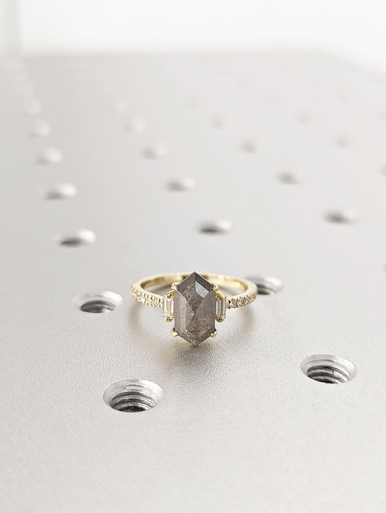 Raw Diamond Hexagon Baguette Diamond, Salt and Pepper, Unique Engagement Ring, Rose Cut Geometric Diamond Ring, 14k Gold, Custom Handmade