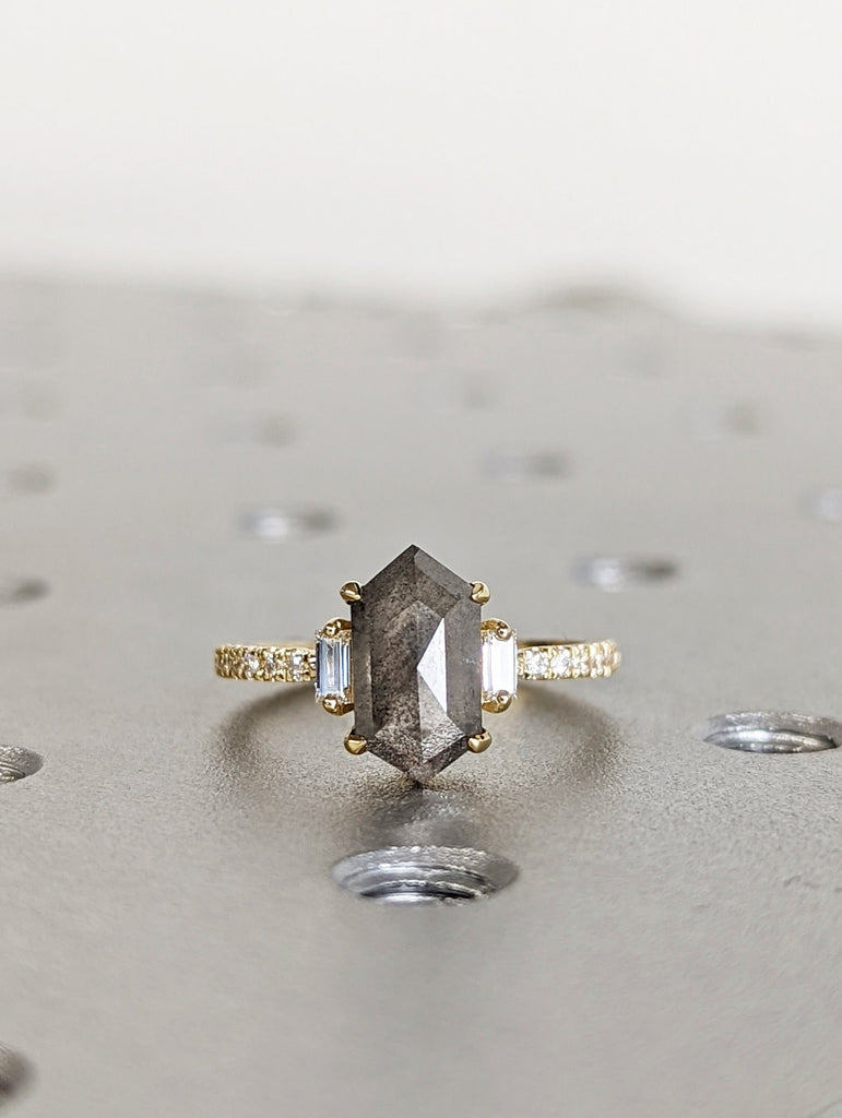 Raw Diamond Hexagon Baguette Diamond, Salt and Pepper, Unique Engagement Ring, Rose Cut Geometric Diamond Ring, 14k Gold, Custom Handmade