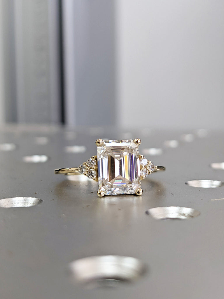 2.5 ct. Emerald cut Moissanite engagement ring vintage yellow gold Round moissanite ring Cluster ring unique ring engagement ring