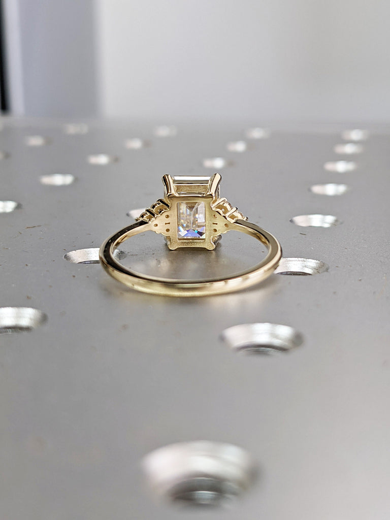 2.5 ct. Emerald cut Moissanite engagement ring vintage yellow gold Round moissanite ring Cluster ring unique ring engagement ring