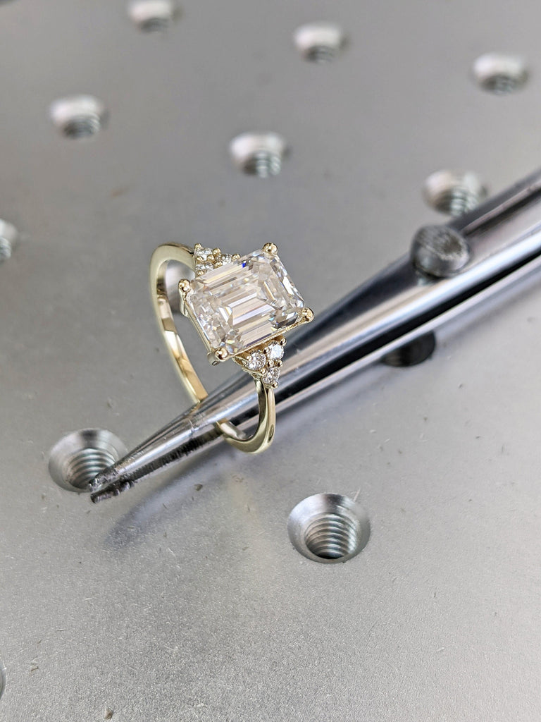 2.5 ct. Emerald cut Moissanite engagement ring vintage yellow gold Round moissanite ring Cluster ring unique ring engagement ring