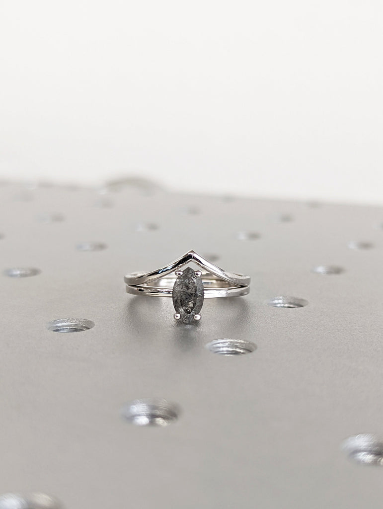 1920's Raw Salt and Pepper Diamond, Rose Cut Marquise Diamond Ring, Unique Engagement, Black, Gray Marquise, 14k Yellow, Rose, or White Gold