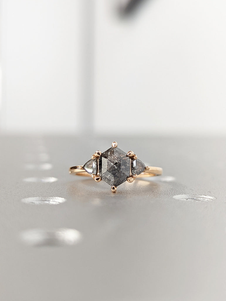 Raw Diamond Hexagon Triangle Diamond, Salt and Pepper, Plain Unique Bridal Engagement Set, Rose Cut Geometric Diamond Ring, Custom Handmade