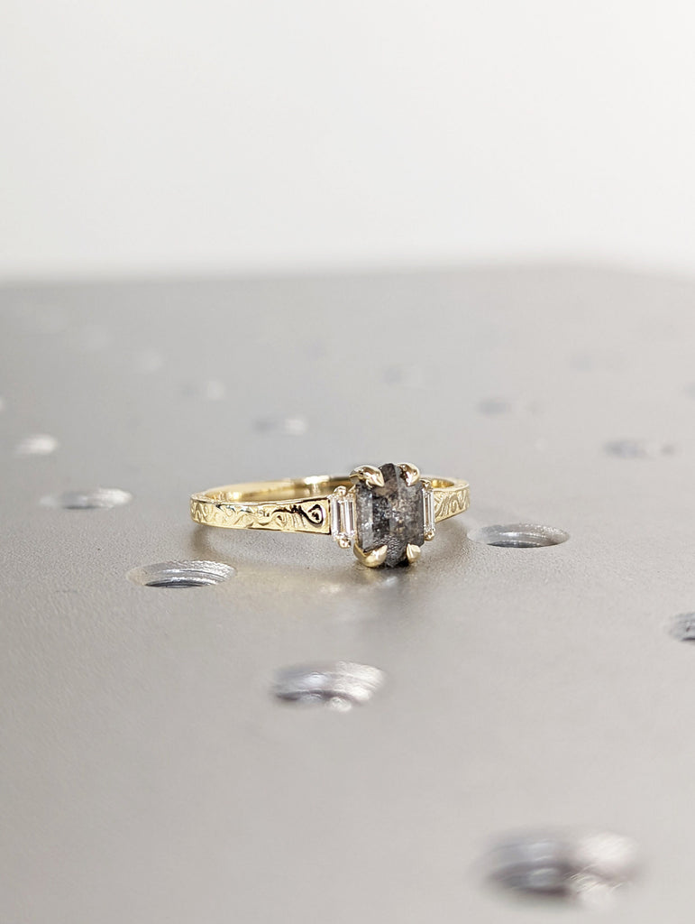 Raw Salt and Pepper Hexagon Baguette Diamond Rose /White /Yellow Gold Engagement Ring Art Deco 1920's Inspired 14k Unique Ring for Her