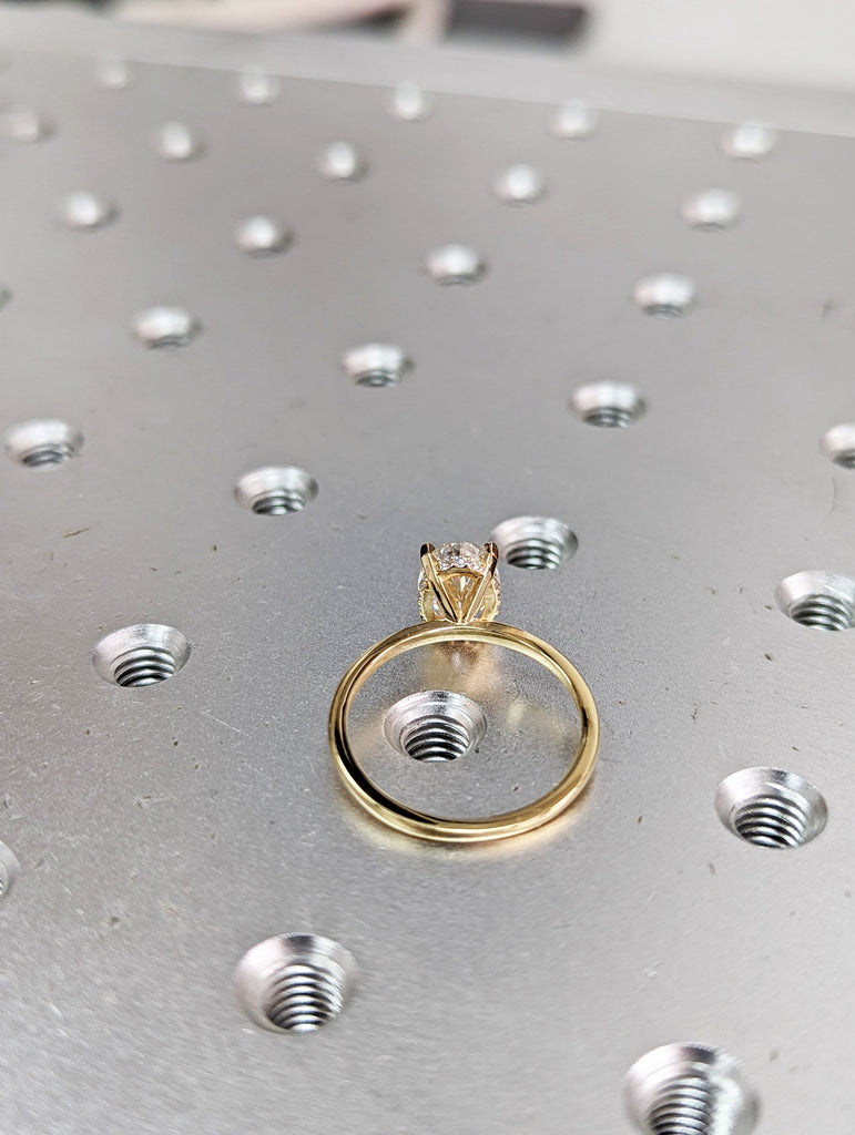 1.5 ct. Hidden halo engagement ring, solitaire oval moissanite ring, Hidden Halo 6x8mm Oval Cut Solitaire Engagement Ring in 14K White gold.