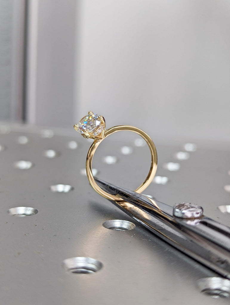 1.5 ct. Hidden halo engagement ring, solitaire oval moissanite ring, Hidden Halo 6x8mm Oval Cut Solitaire Engagement Ring in 14K White gold.