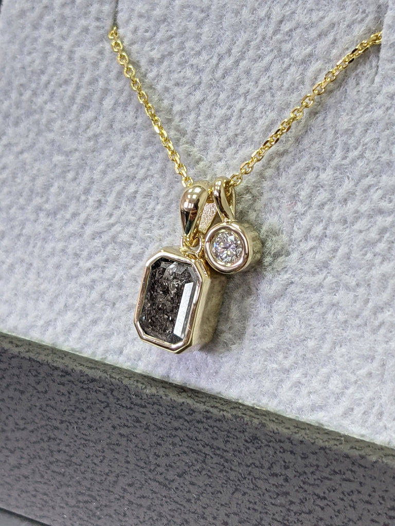 Salt And Pepper Diamond Solitaire Necklace 14k Yellow Gold / Diamond Bezel Necklace / 14k Gold Diamond Solitaire Pendant / Delicate