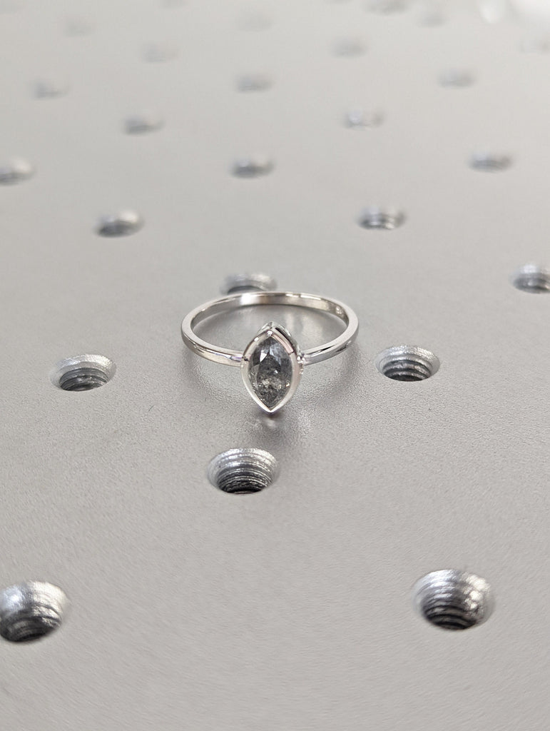 1920's Raw Salt and Pepper Diamond, Rose Cut Marquise Diamond Ring, Unique Engagement, Black, Gray Marquise, 14k Yellow, Rose, or White Gold