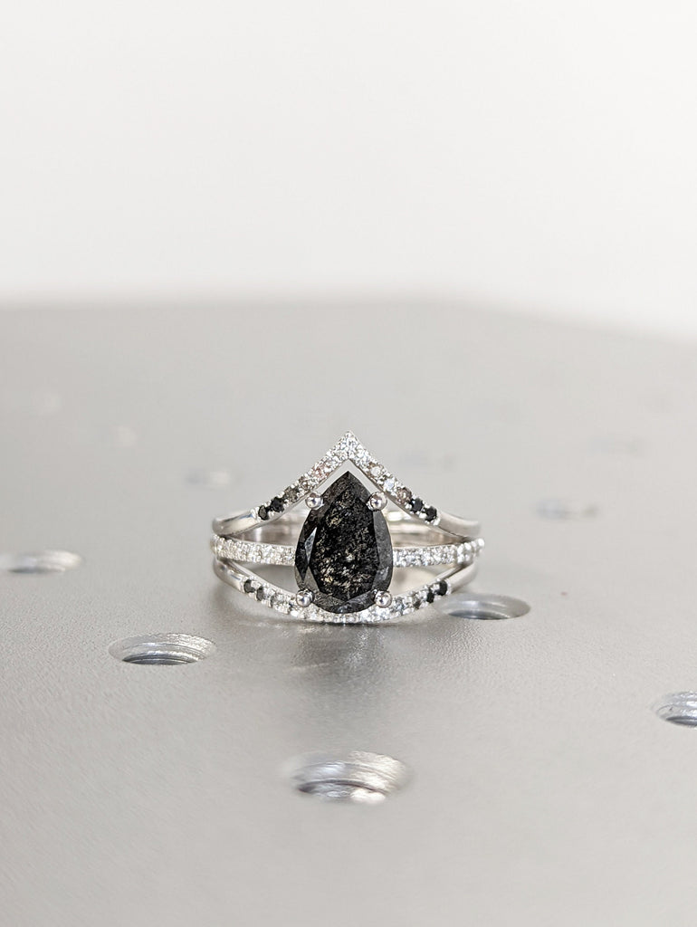 1.5 Carat 1920's Raw Salt and Pepper Diamond, Pear Diamond Ring, Unique Engagement Bridal Set, Black, Gray Pear, 14k Yellow, Rose White Gold