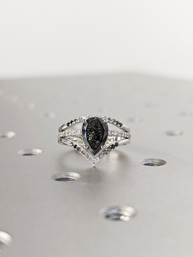 1.5 Carat 1920's Raw Salt and Pepper Diamond, Pear Diamond Ring, Unique Engagement Bridal Set, Black, Gray Pear, 14k Yellow, Rose White Gold