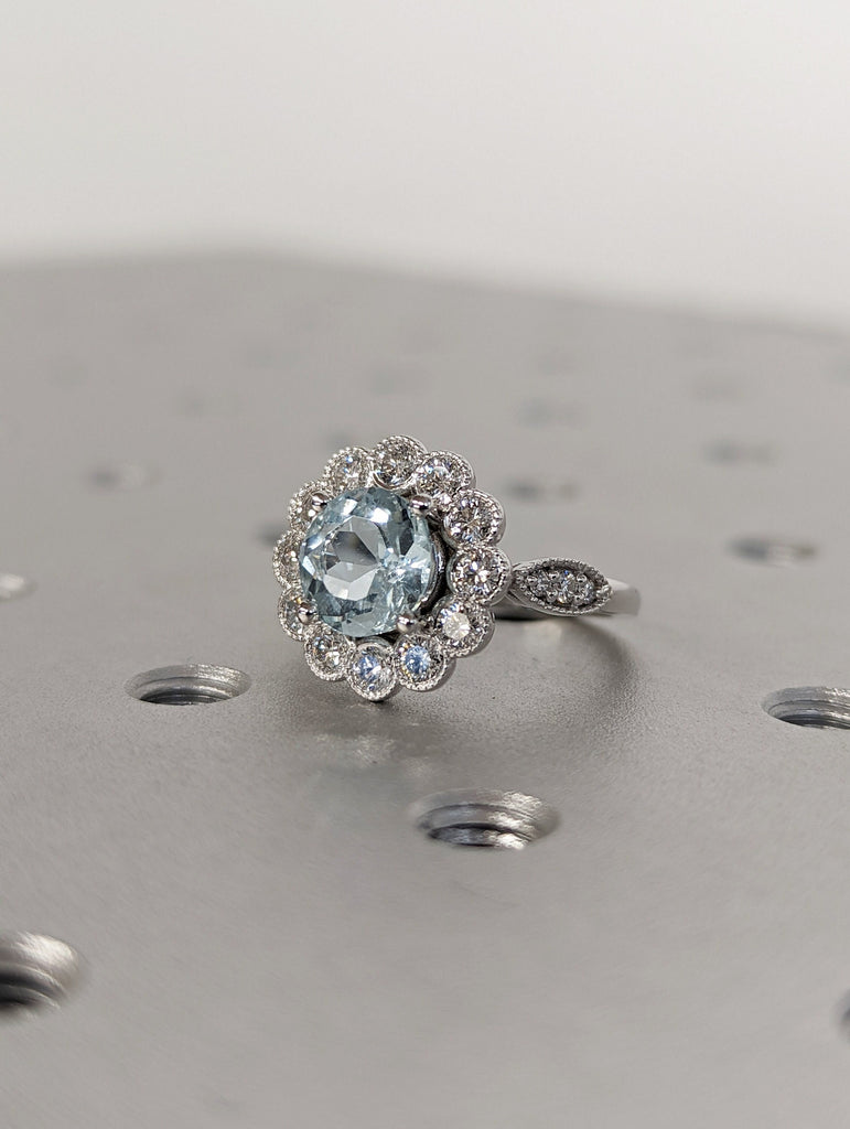 Aquamarine Ring, 14k White Gold Flower Ring, Engagement Ring for Her, Delicate Promise Ring, Anniversary gift, Perfect Christmas Gift