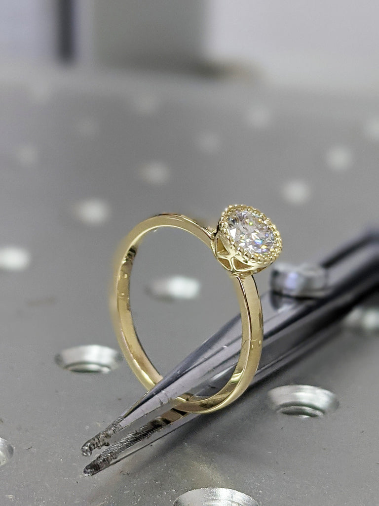 White Gold Round Bezel Ring Unique Milgrain Moissanite Engagement Ring, Milgrained Bezel, 14k Gold, Moissanite Engagement Ring Nyla