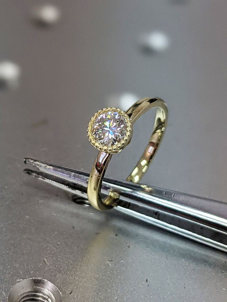 White Gold Round Bezel Ring Unique Milgrain Moissanite Engagement Ring, Milgrained Bezel, 14k Gold, Moissanite Engagement Ring Nyla