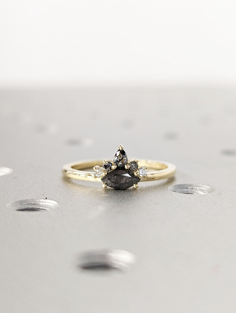 Marquise Salt and Pepper Diamond Wedding Ring, Unique Diamond Wedding Band, Wedding Engagement Ring, Minimalist Diamond Ring