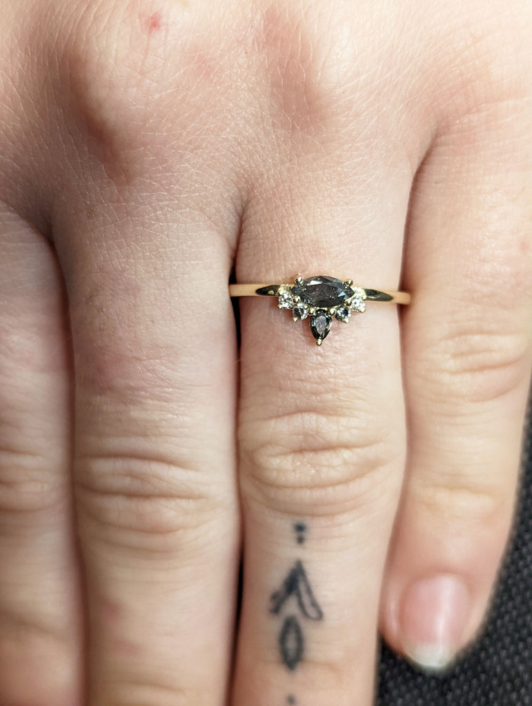 Marquise Salt and Pepper Diamond Wedding Ring, Unique Diamond Wedding Band, Wedding Engagement Ring, Minimalist Diamond Ring