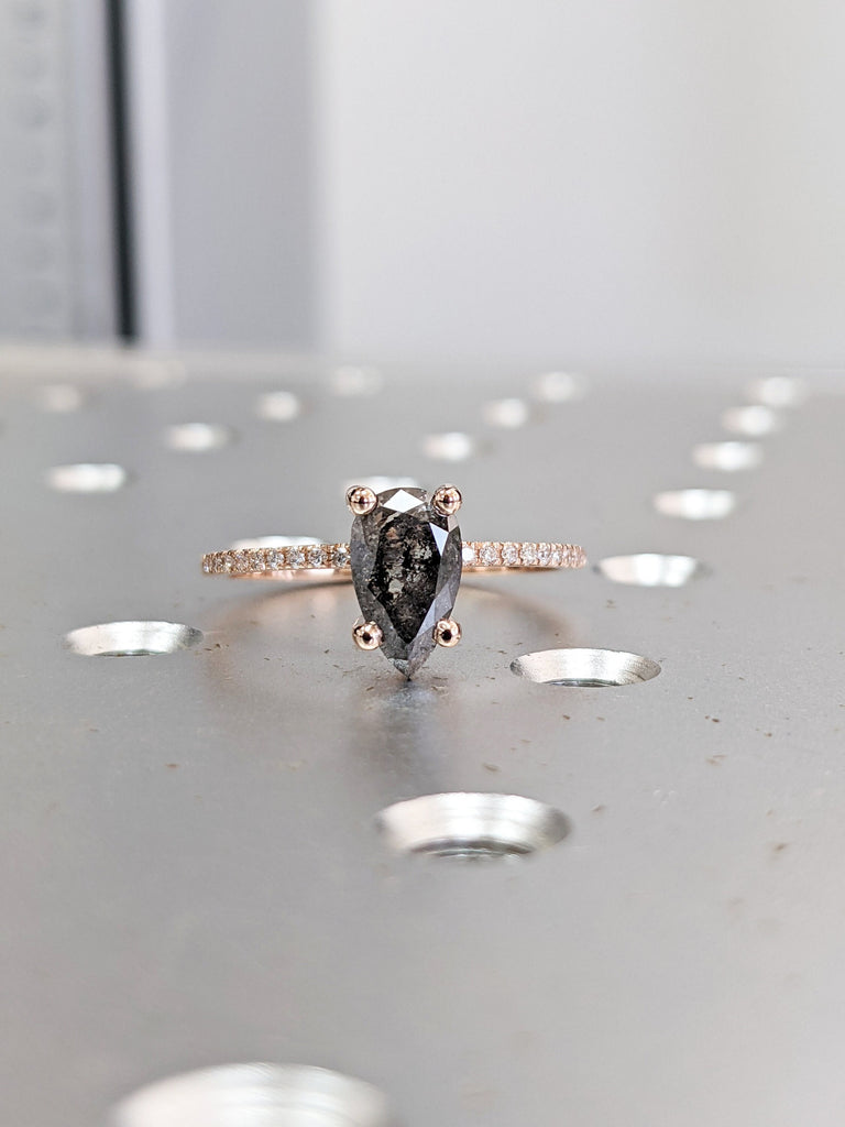 1920's Raw Salt and Pepper Diamond, Pear Diamond Ring, Unique Engagement Bridal Set, Black, Gray Pear, 14k Yellow, Rose, or White Gold