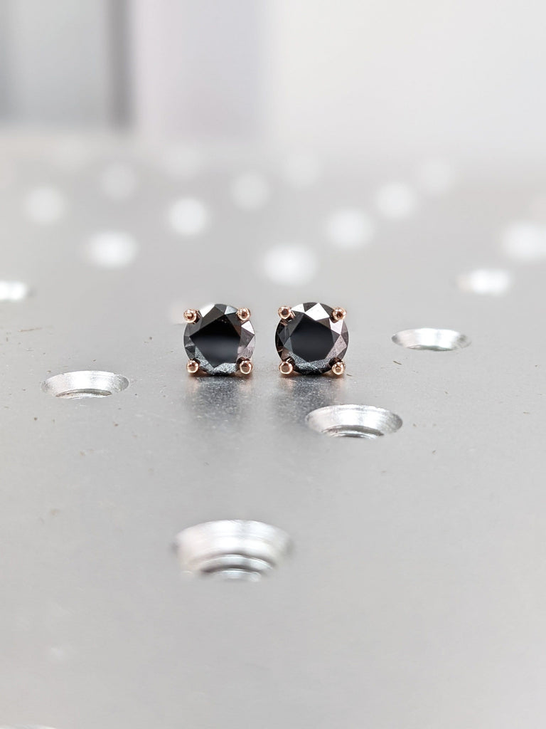Black Diamond Stud Earrings, Black Diamond Earrings, 14k Gold Stud Earrings, Unique Minimal Natural Diamond Studs