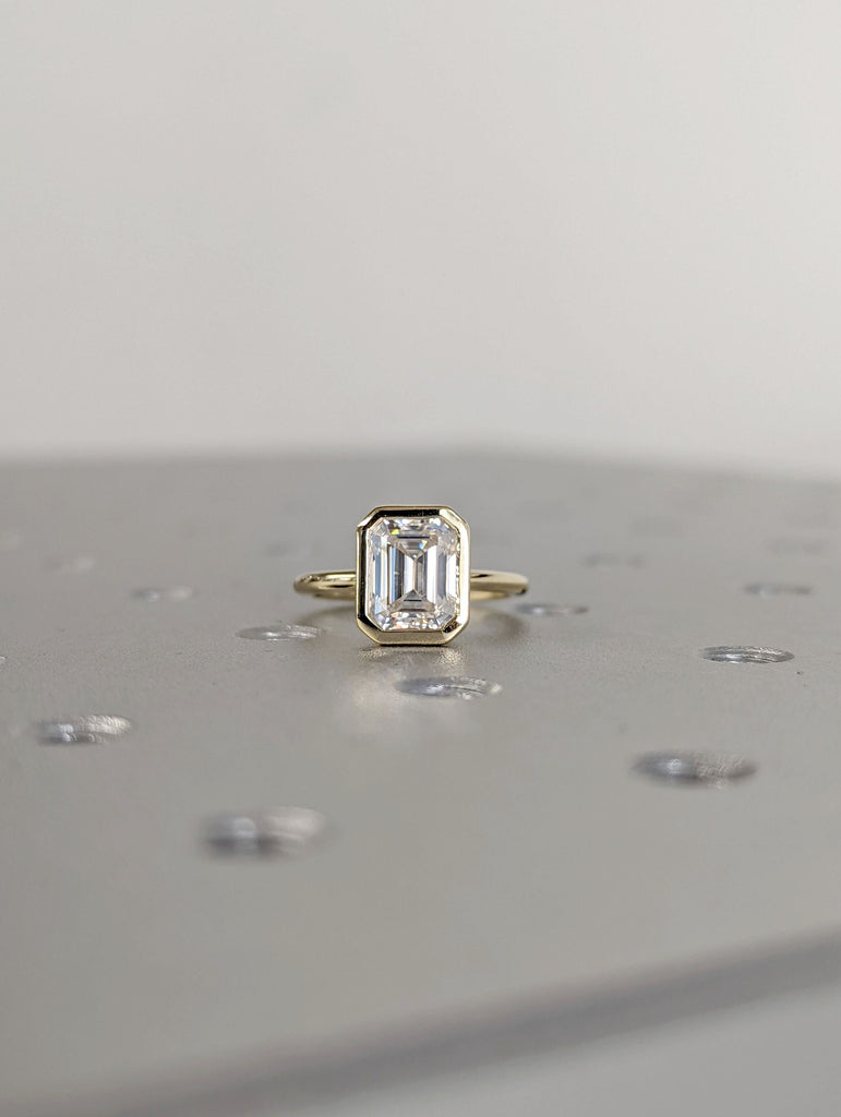 2CT Emerald Cut Moissanite Solitaire Ring, 14K Yellow Gold Engagement Ring, Bezel Setting, Statement Ring, Gift For Her, Anniversary Ring