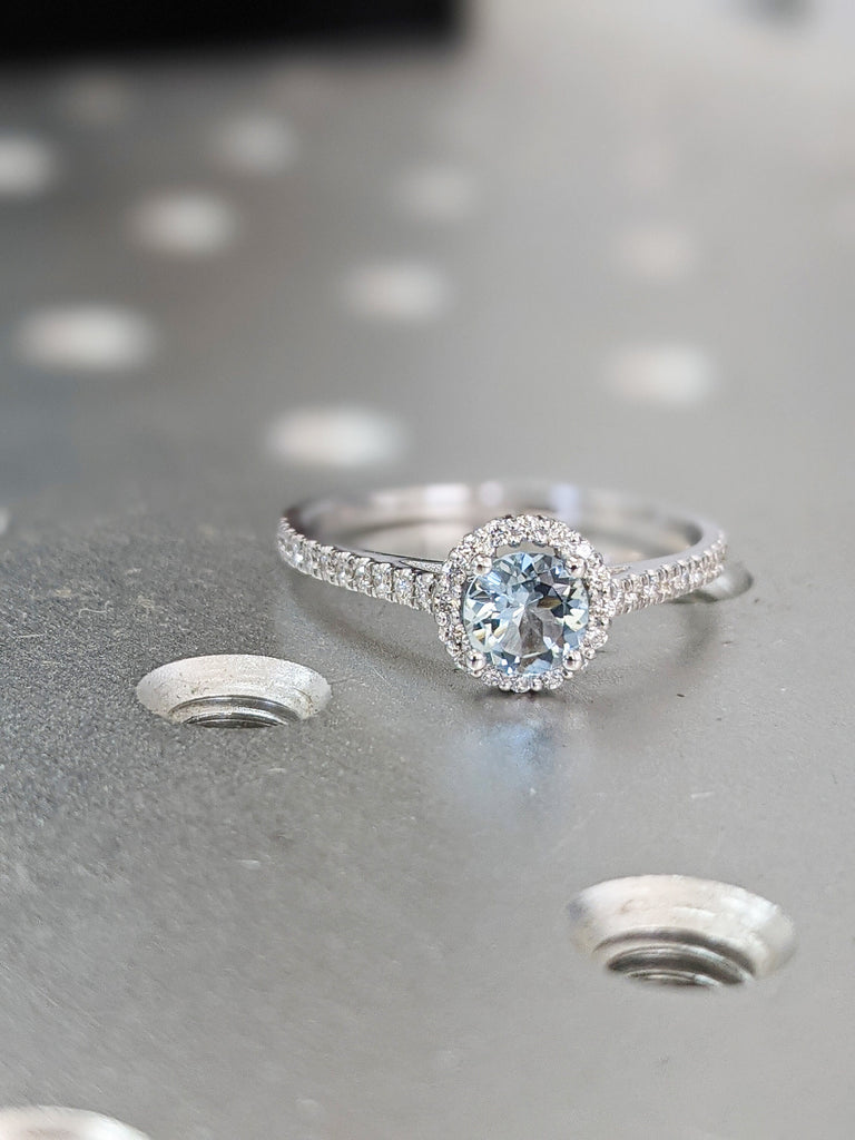 Aquamarine Engagement Ring, White Gold Diamond Halo Engagement Ring, Aquamarine Diamond Ring, Natural Aquamarine 5 6.5 8mm Round Aquamarine