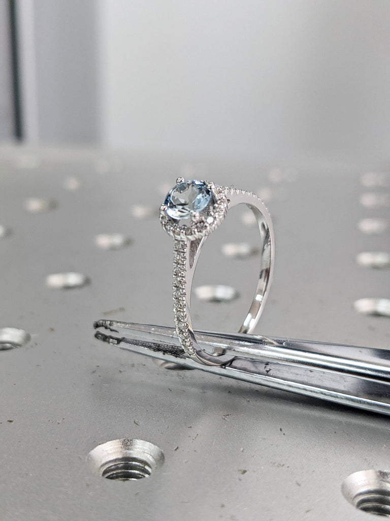 Aquamarine Engagement Ring, White Gold Diamond Halo Engagement Ring, Aquamarine Diamond Ring, Natural Aquamarine 5 6.5 8mm Round Aquamarine