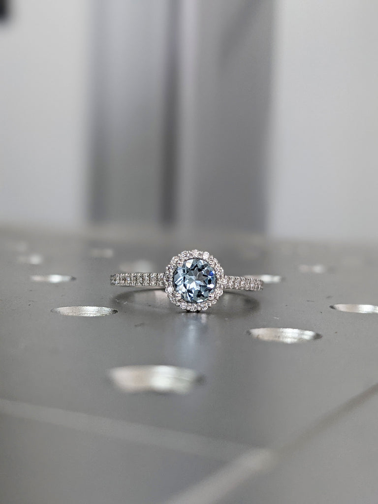 Aquamarine Engagement Ring, White Gold Diamond Halo Engagement Ring, Aquamarine Diamond Ring, Natural Aquamarine 5 6.5 8mm Round Aquamarine