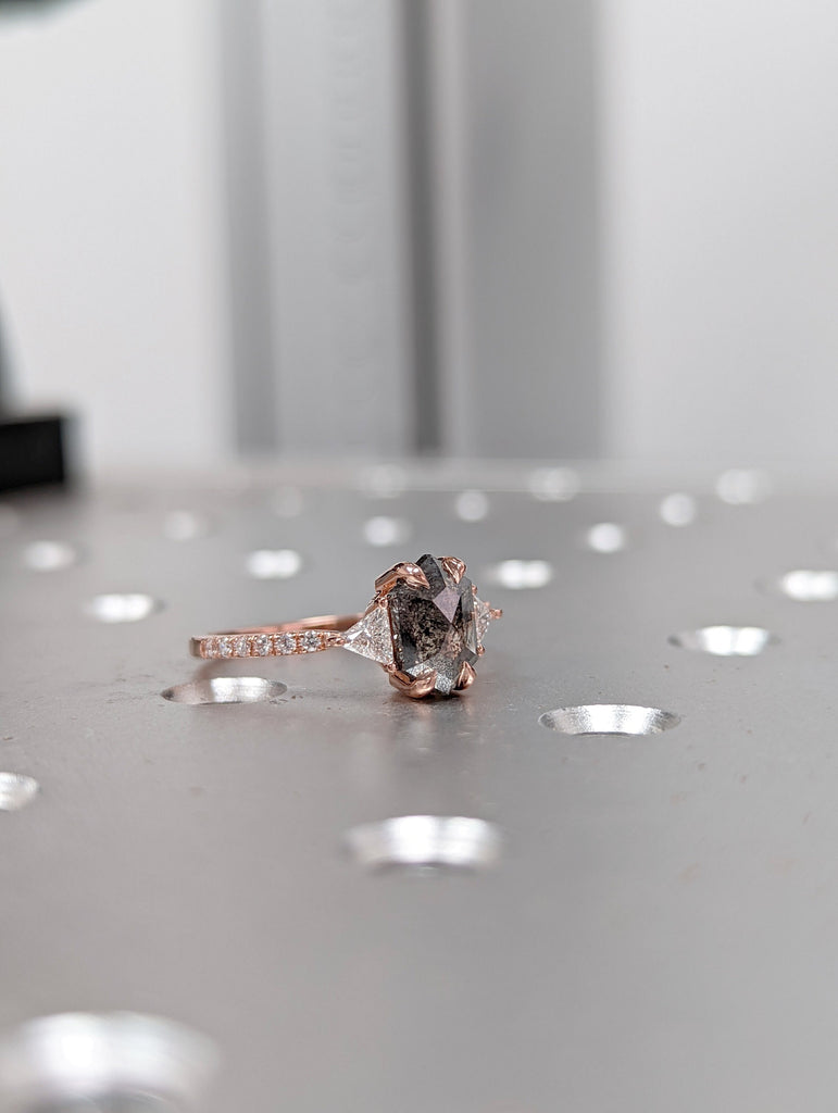 Raw Diamond Hexagon Triangle Diamond, Salt and Pepper, Unique Engagement Ring, Rose Cut Geometric Diamond Ring, 14k Gold, Custom Handmade
